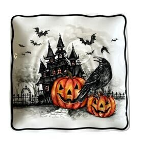 Maxcera Halloween Haunted House Dinner Plates 11in Ceramic Square Spooky NEW